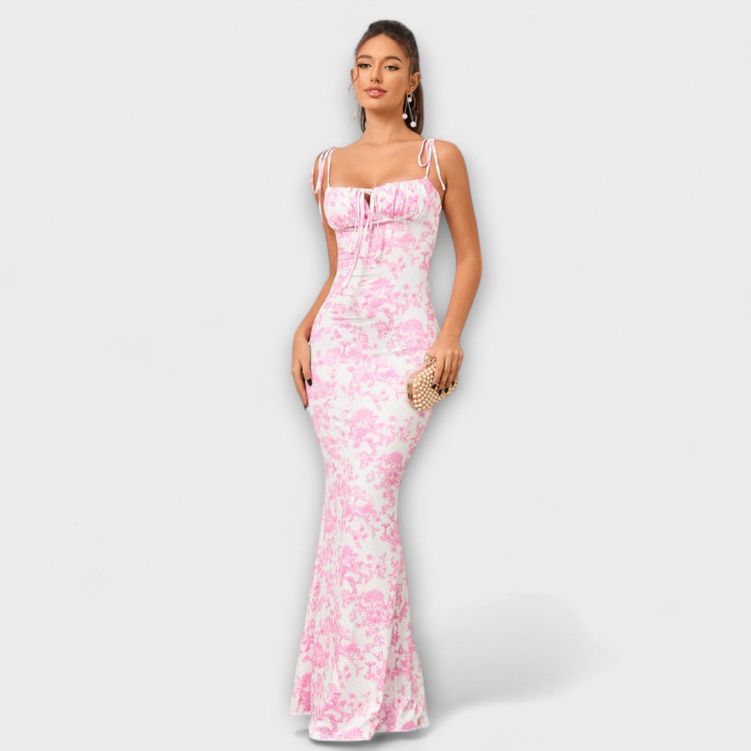 Thalia - Robe de bal imprimé floral avec bretelles nouées aux épaules