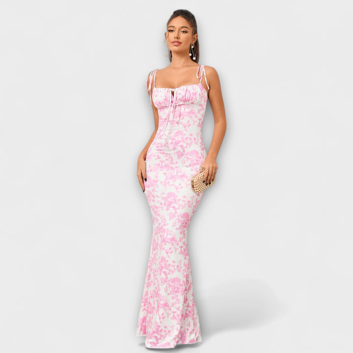 Thalia - Robe de bal imprimé floral avec bretelles nouées aux épaules