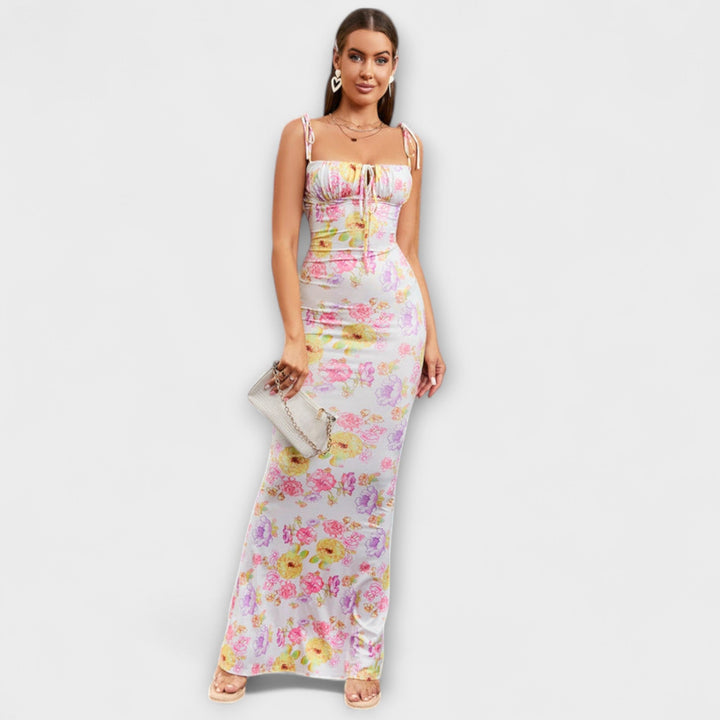 Thalia - Robe de bal imprimé floral avec bretelles nouées aux épaules