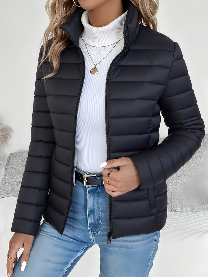 Women's Quilted Jacket Stand Collar Long Sleeve Zip Closure Casual