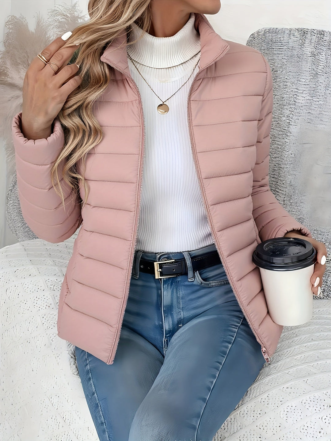 Women's Quilted Jacket Stand Collar Long Sleeve Zip Closure Casual