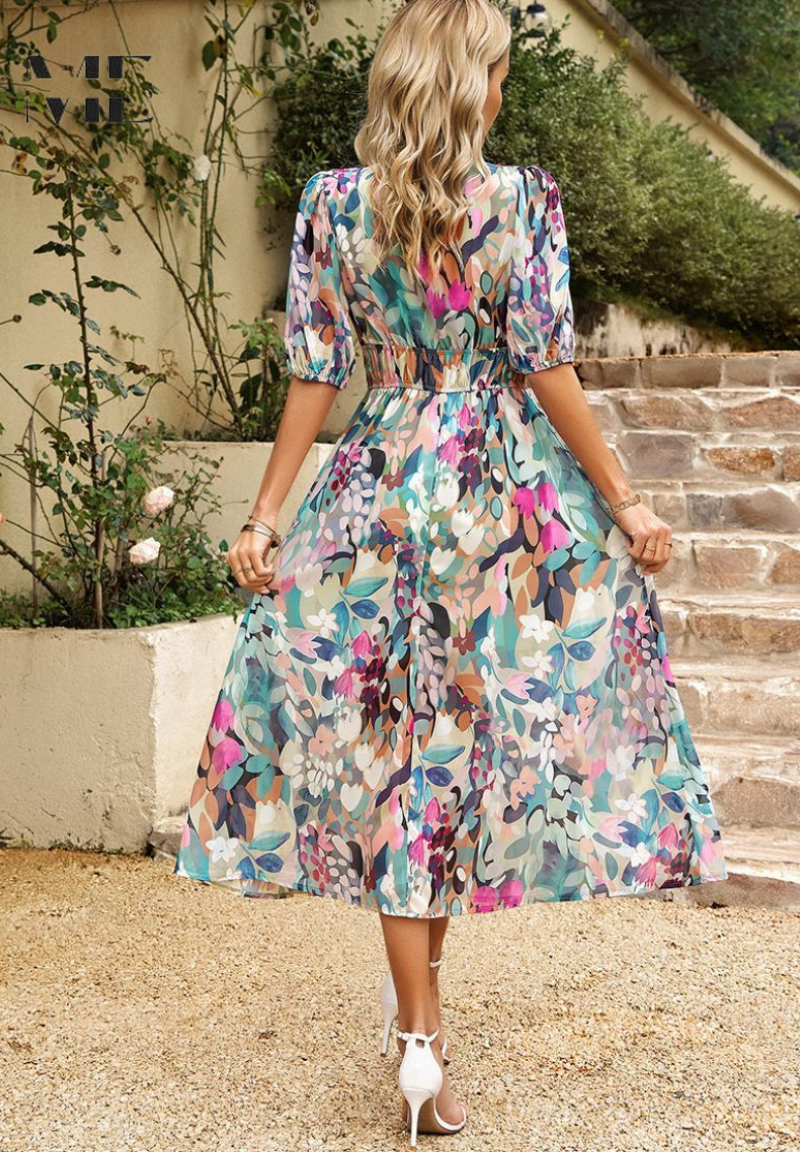 Monica | Robe midi florale avec manches bouffantes
