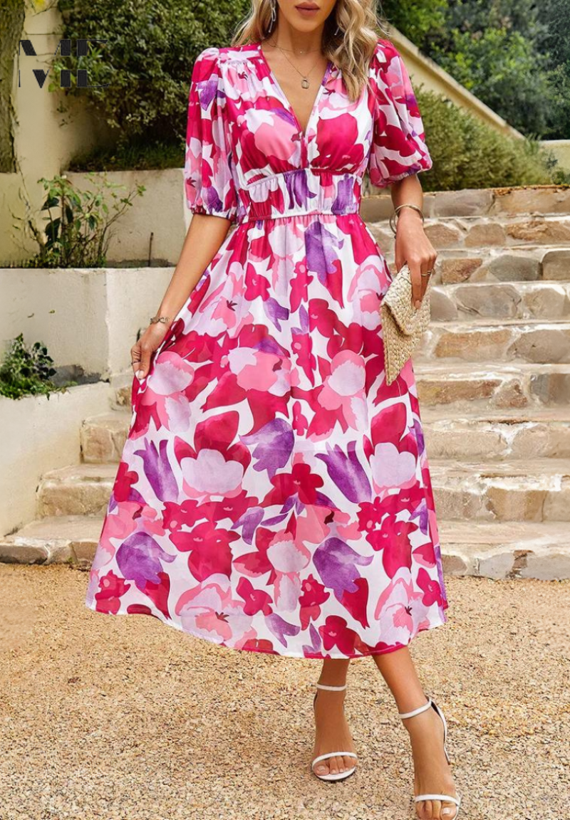 Monica | Robe midi florale avec manches bouffantes