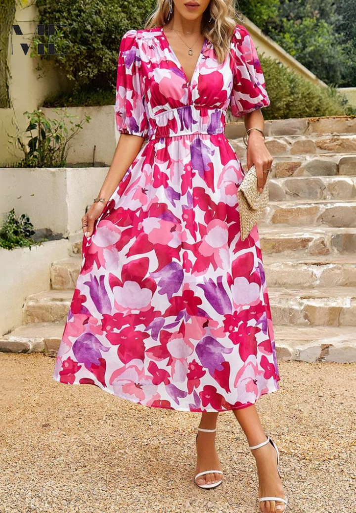 Monica | Robe midi florale avec manches bouffantes