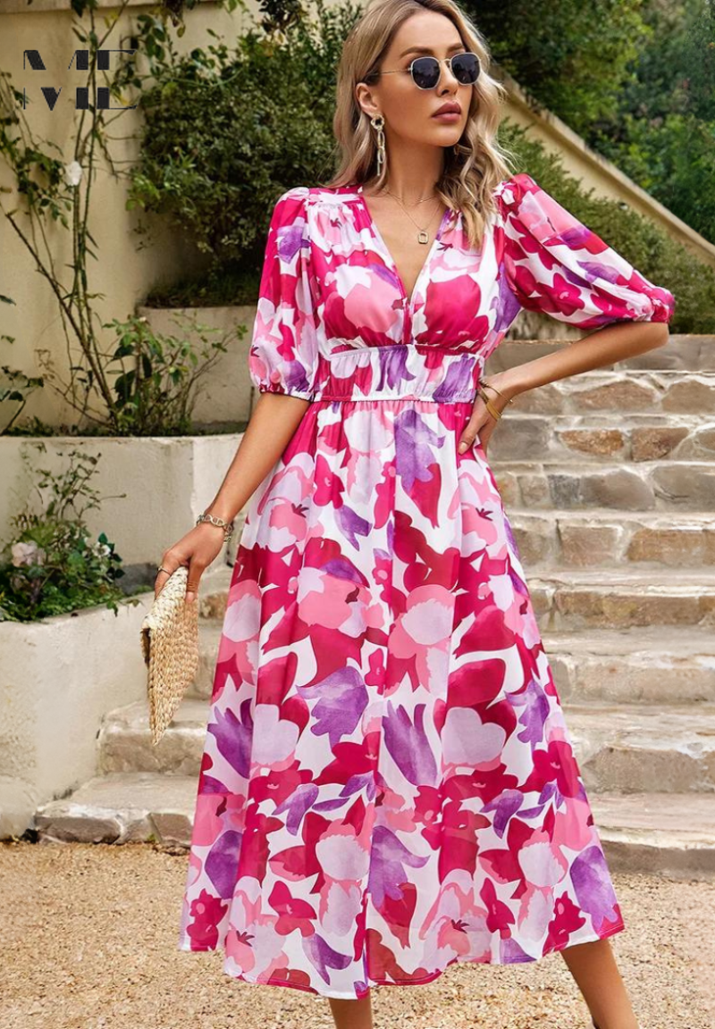 Monica | Robe midi florale avec manches bouffantes