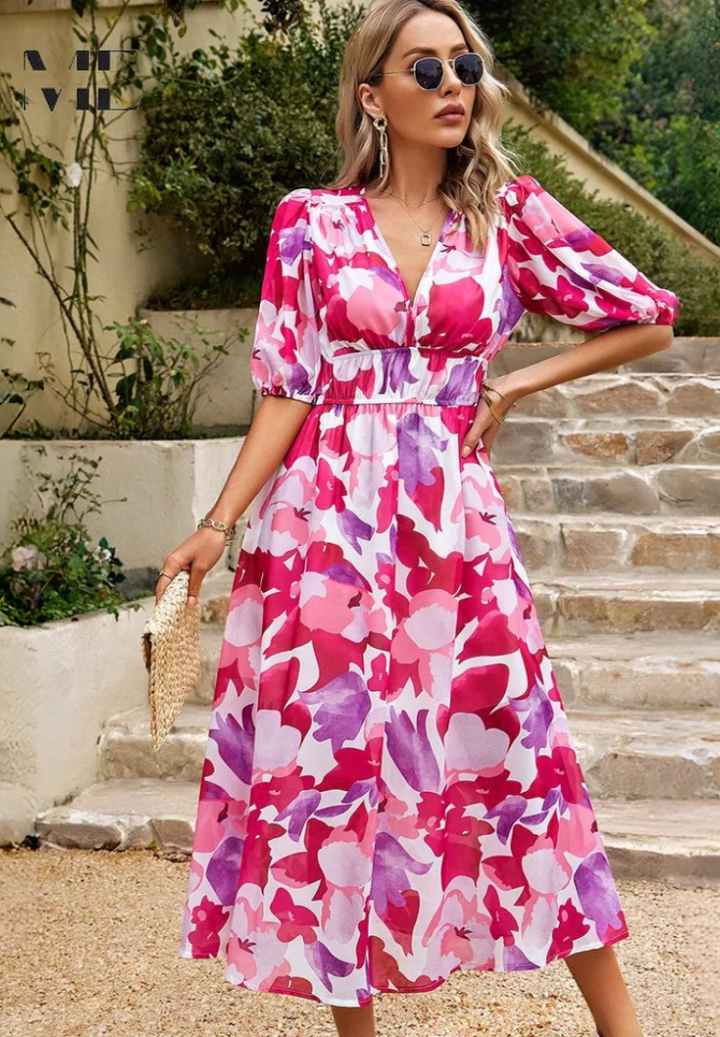 Monica | Robe midi florale avec manches bouffantes