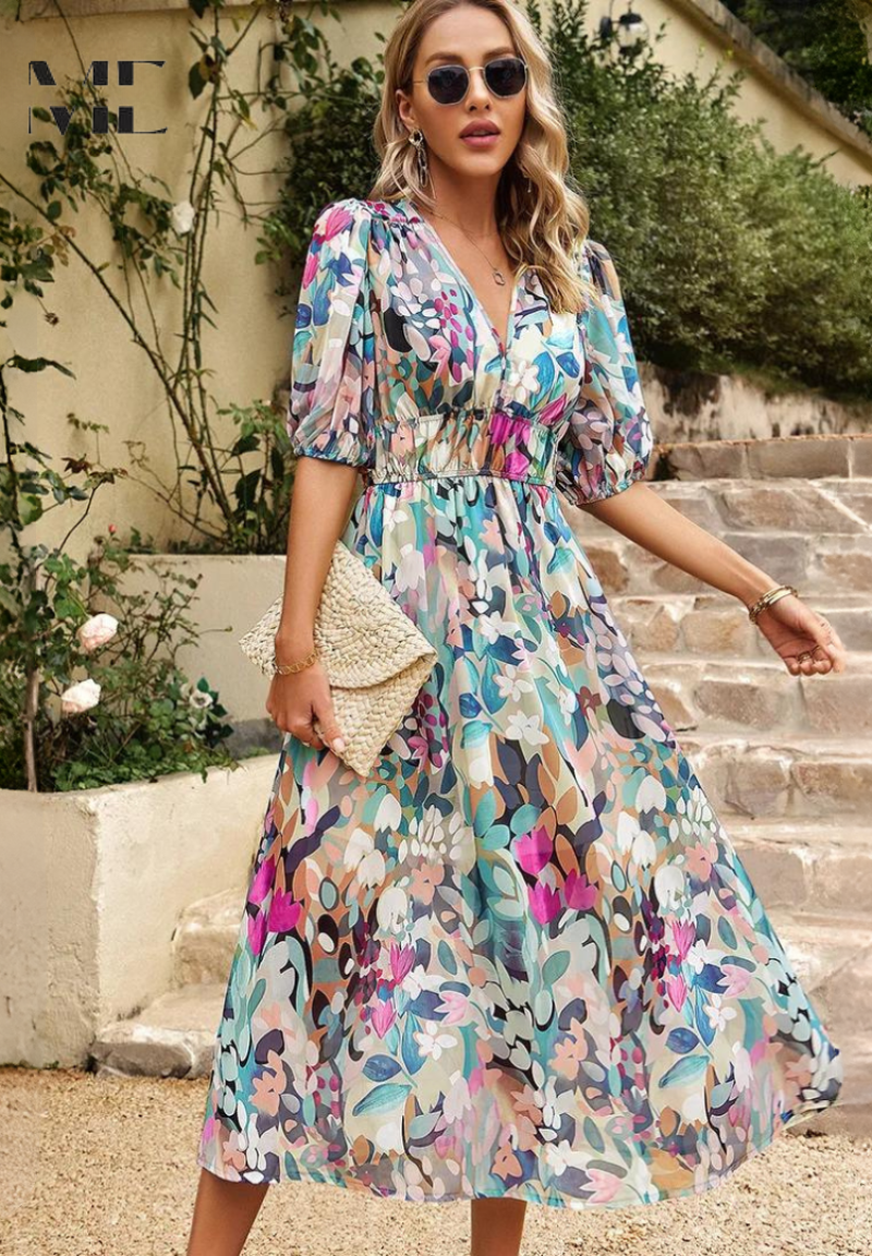 Monica | Robe midi florale avec manches bouffantes
