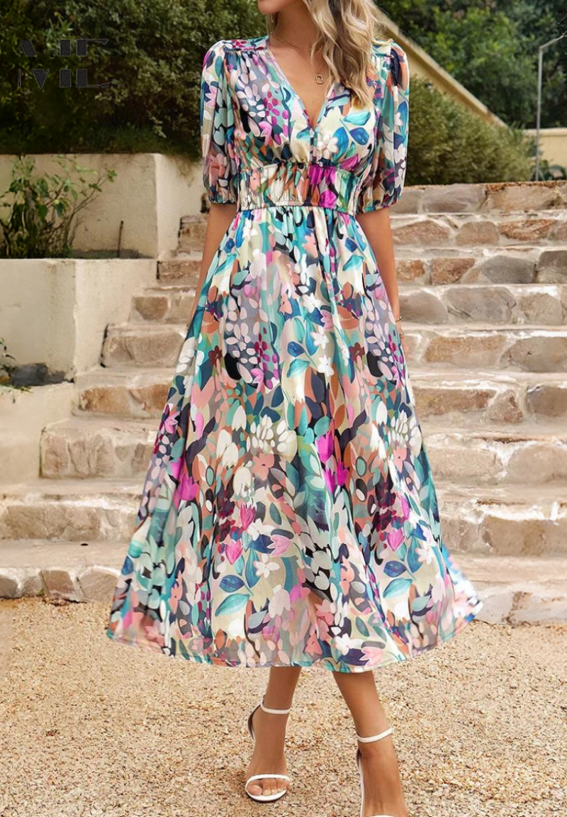 Monica | Robe midi florale avec manches bouffantes