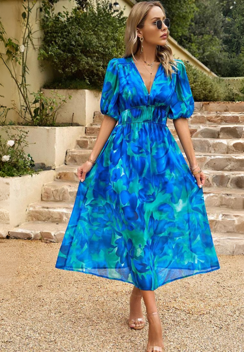 Monica | Robe midi florale avec manches bouffantes