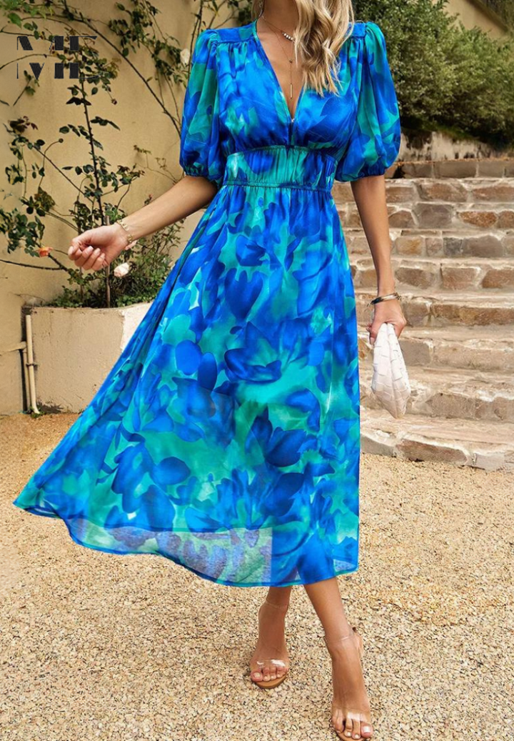 Monica | Robe midi florale avec manches bouffantes