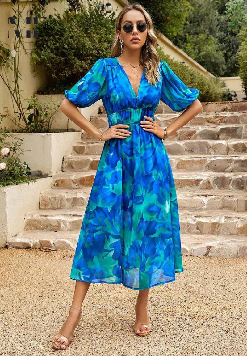 Monica | Robe midi florale avec manches bouffantes