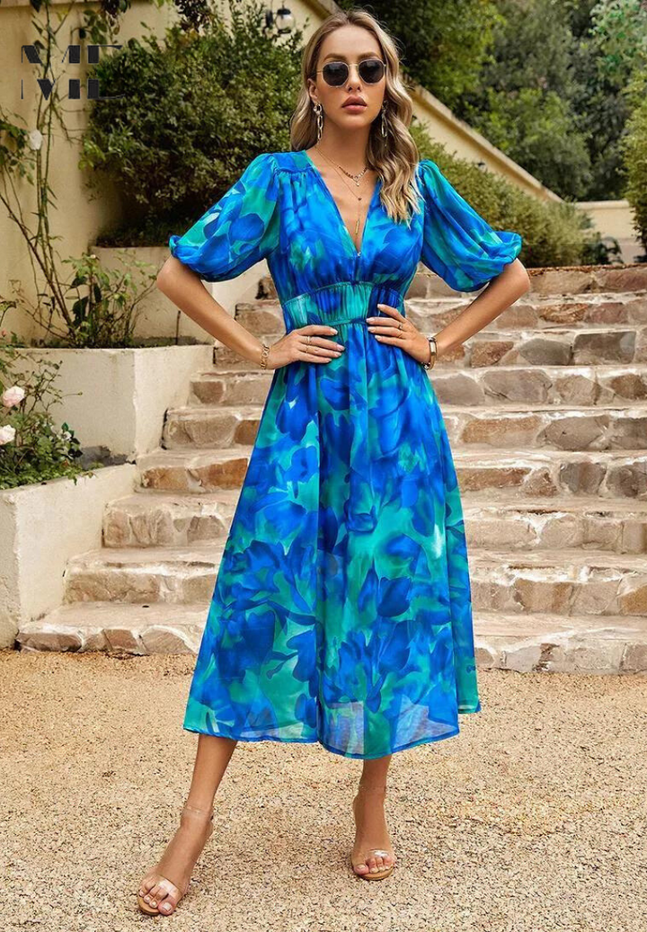 Monica | Robe midi florale avec manches bouffantes