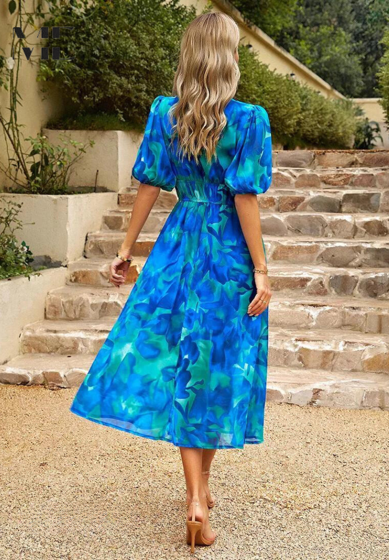 Monica | Robe midi florale avec manches bouffantes