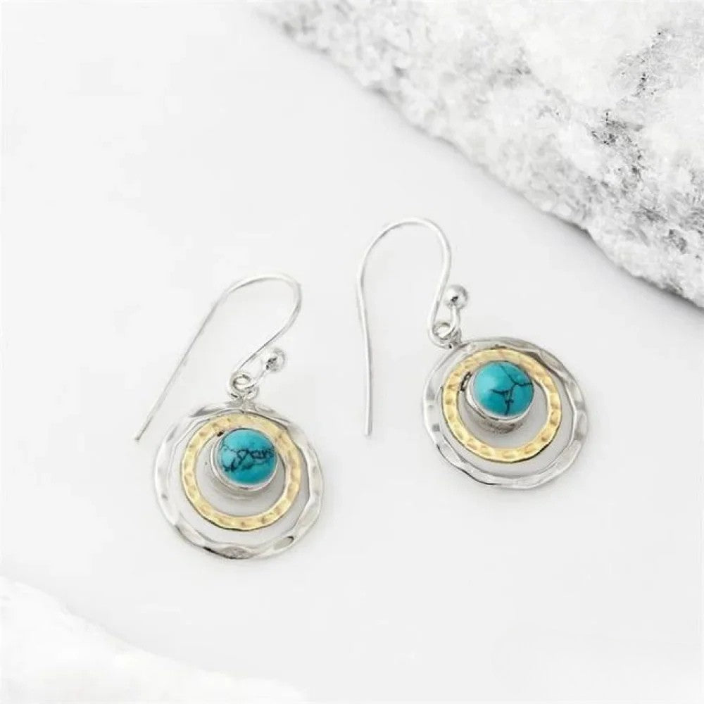 Boucles d'oreilles bohèmes Saturne avec pierre turquoise en argent et or