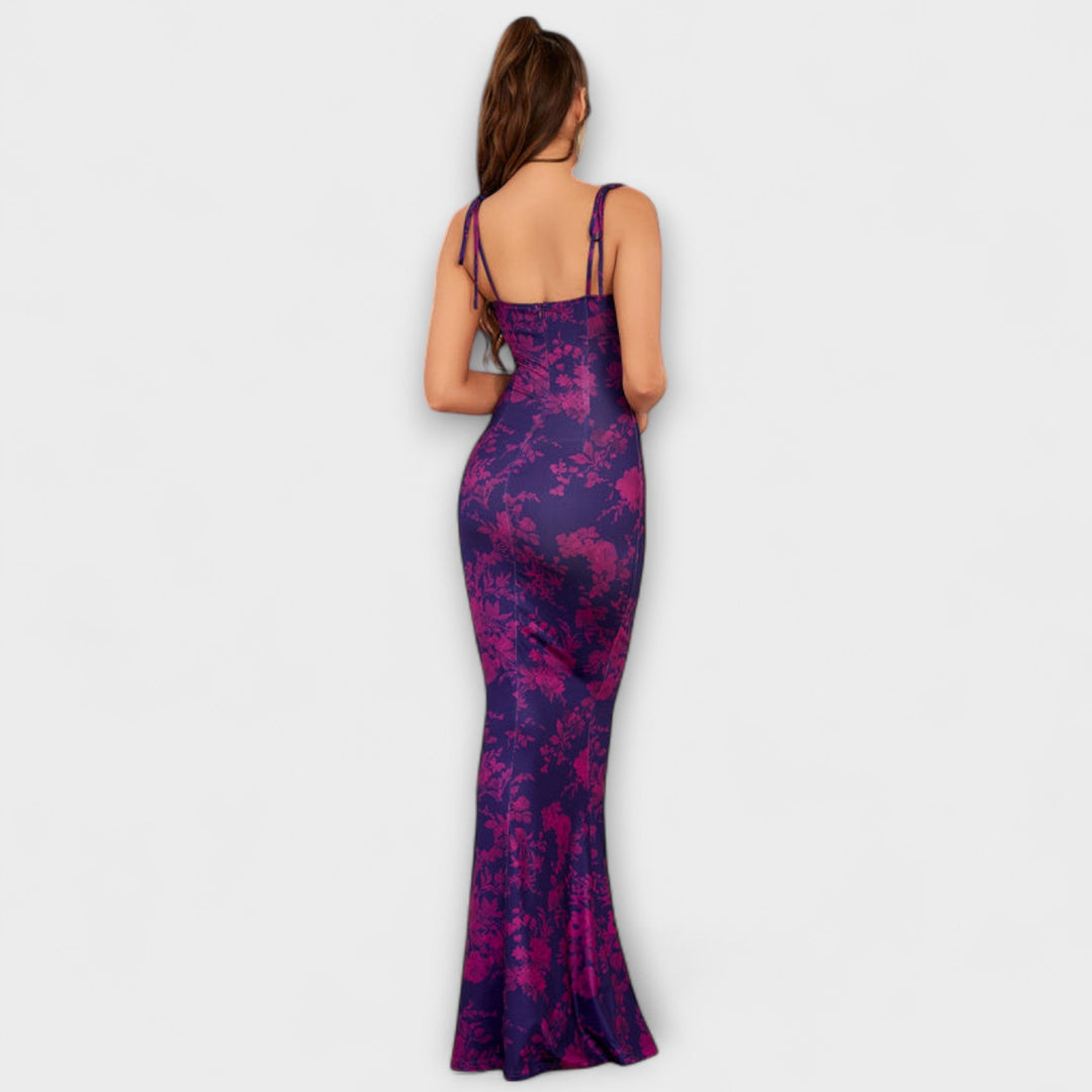 Thalia - Robe de bal imprimé floral avec bretelles nouées aux épaules