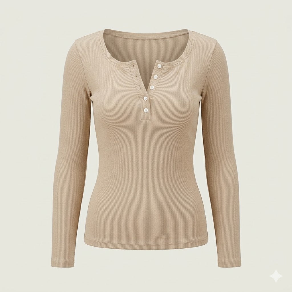 Marisol | Haut élégant pour femme à manches longues, avec encolure boutonnée sur le devant et tissu côtelé