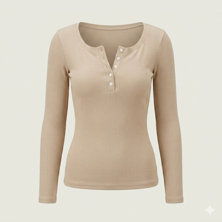 Marisol | Haut élégant pour femme à manches longues, avec encolure boutonnée sur le devant et tissu côtelé
