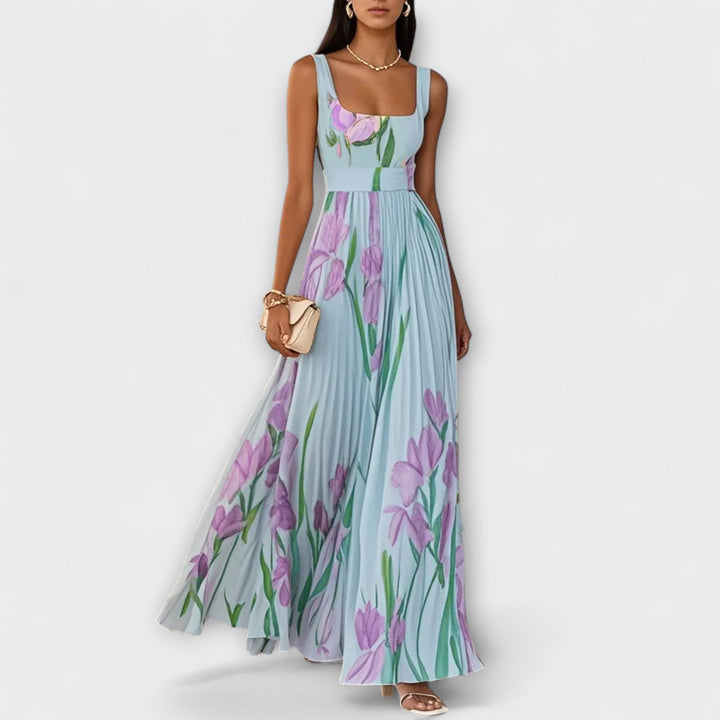 Robe maxi en chiffon floral plissé