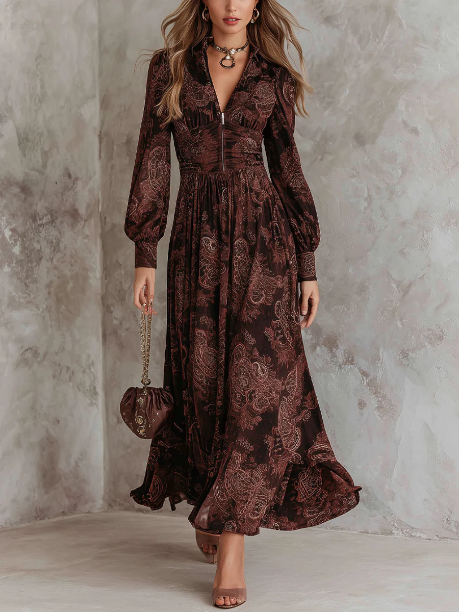Amelia™ Robe maxi à taille zippée et motif cachemire