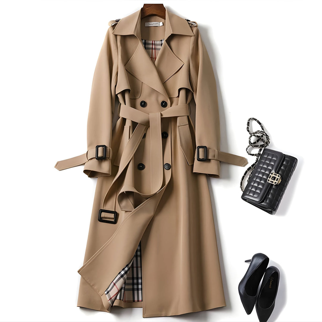Women's Long Trench Coat Double Breasted Belted Lapel Outerwear