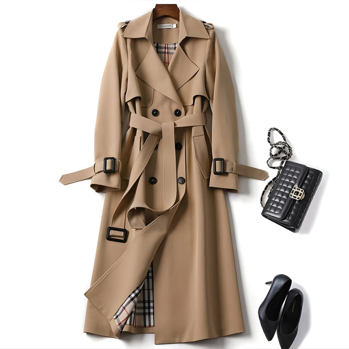 Women's Long Trench Coat Double Breasted Belted Lapel Outerwear
