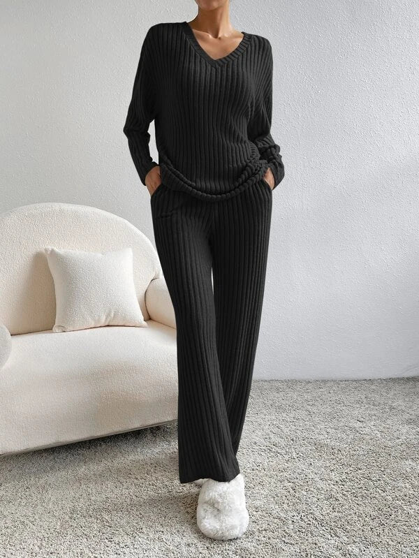 Women's Sweater Set V Neck Wide Leg Pants Side Slit Casual Versatile