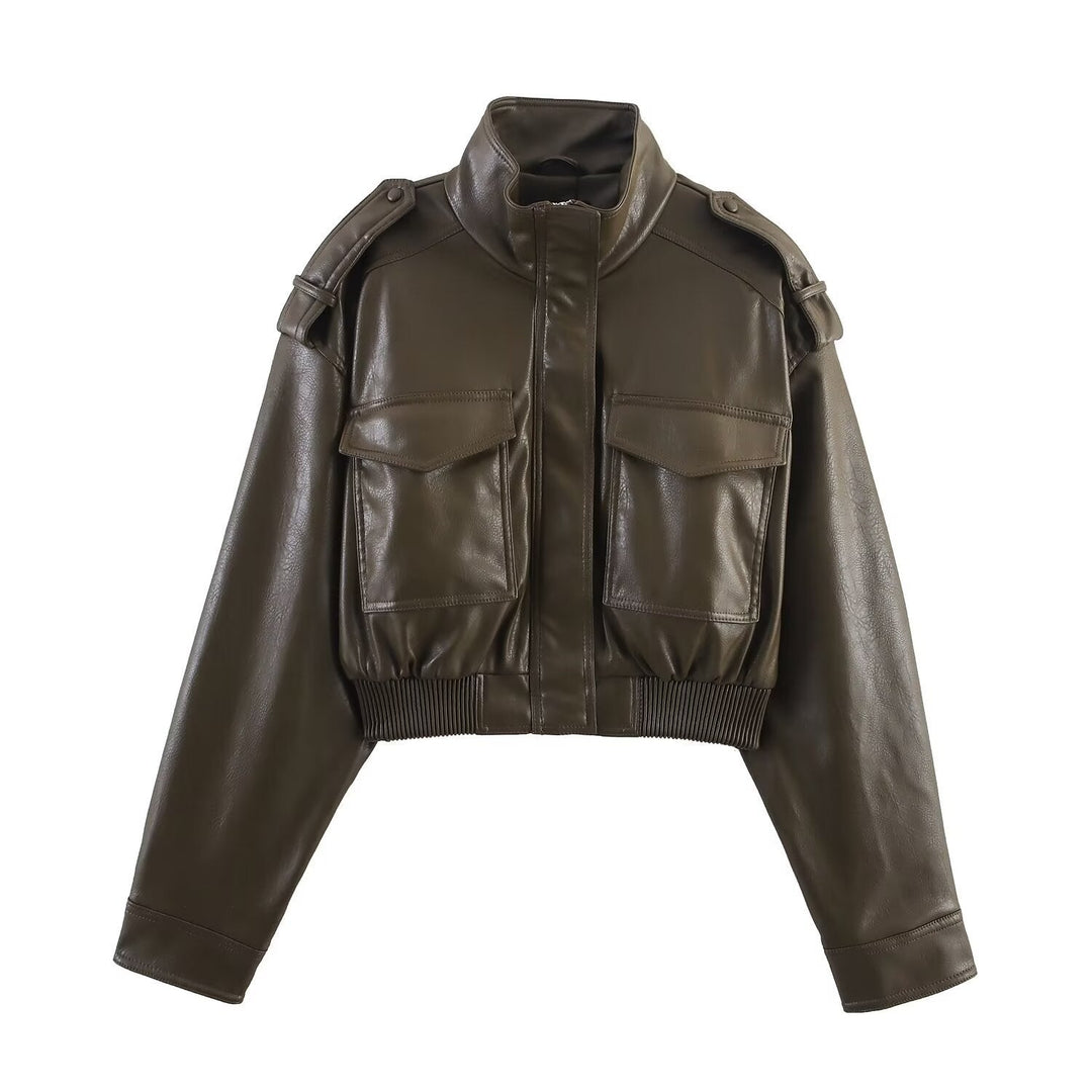Abigail | Structured Women's Cropped Bomber Jacket with Faux Leather and Ribbed Cuffs