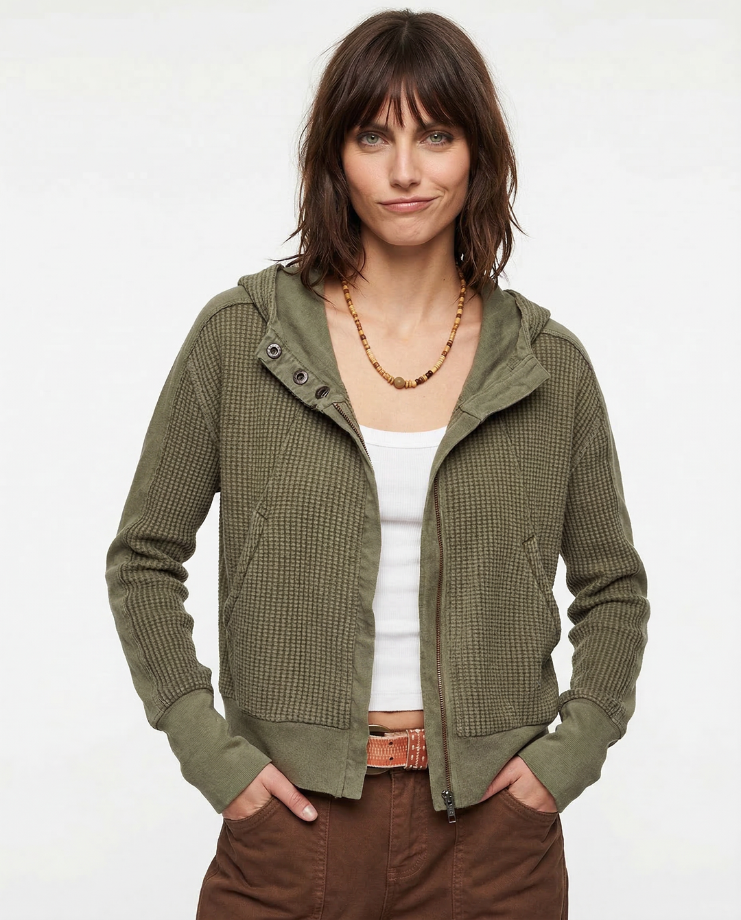 Women's Cotton Waffle Knit Zip Up Hoodie Casual Outerwear