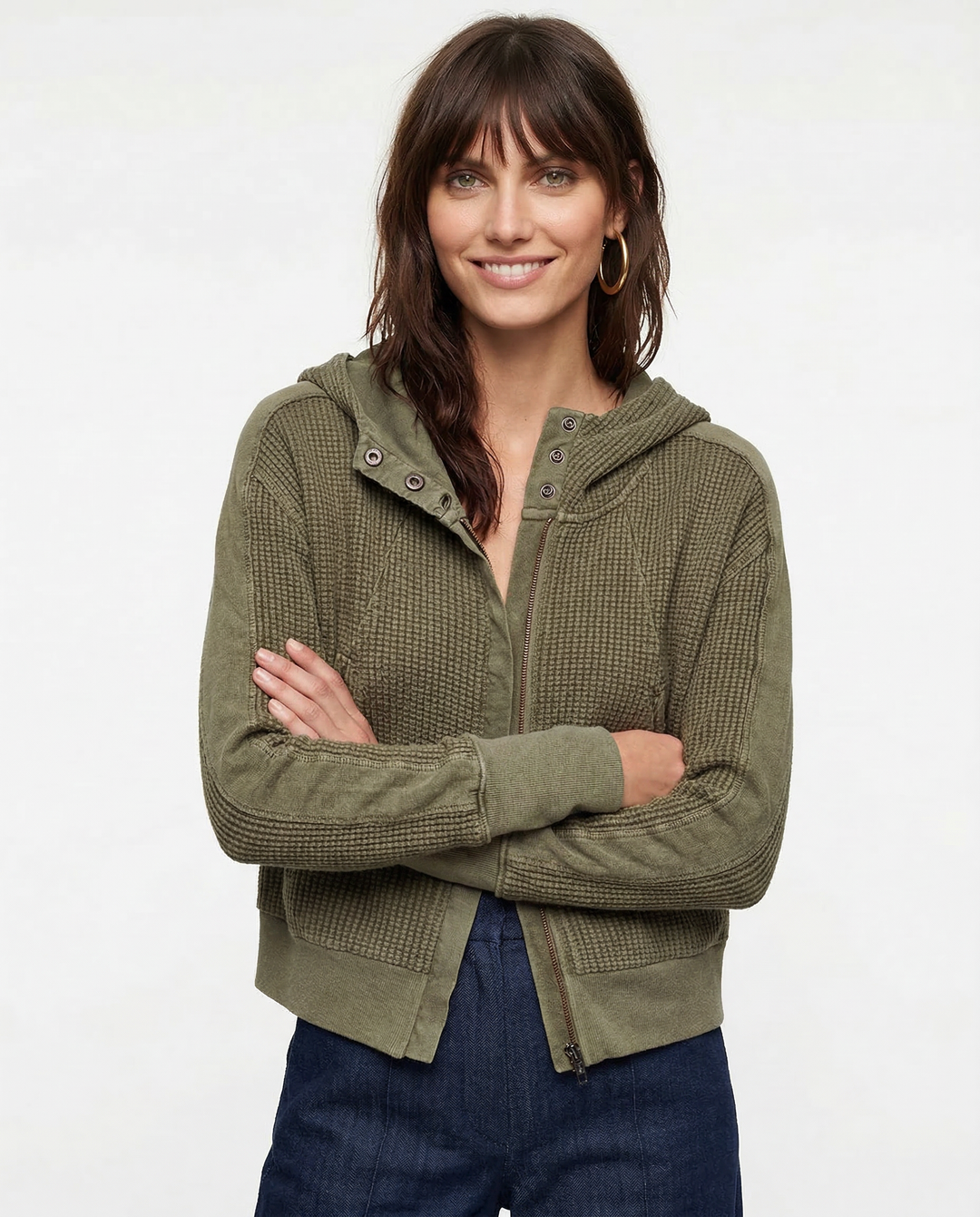 Women's Cotton Waffle Knit Zip Up Hoodie Casual Outerwear
