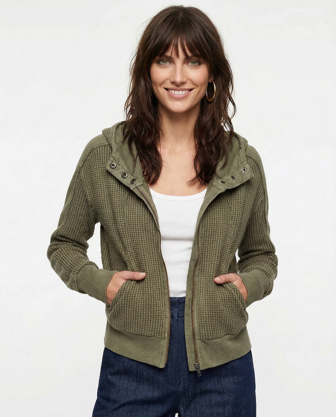 Women's Cotton Waffle Knit Zip Up Hoodie Casual Outerwear