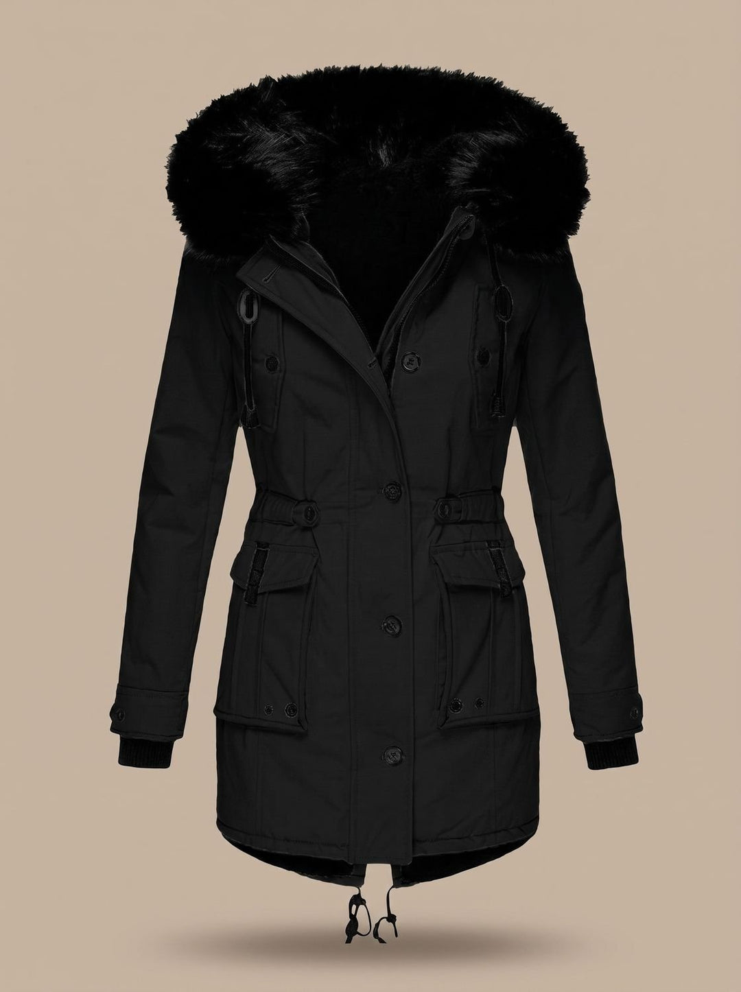 Evadne | Parka thermique isolée avec capuche en fausse fourrure et cordon de serrage réglable à la taille
