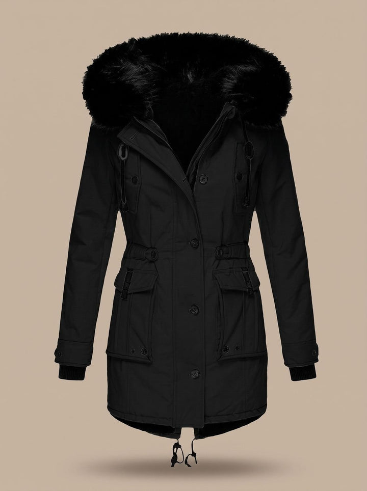 Evadne | Parka thermique isolée avec capuche en fausse fourrure et cordon de serrage réglable à la taille