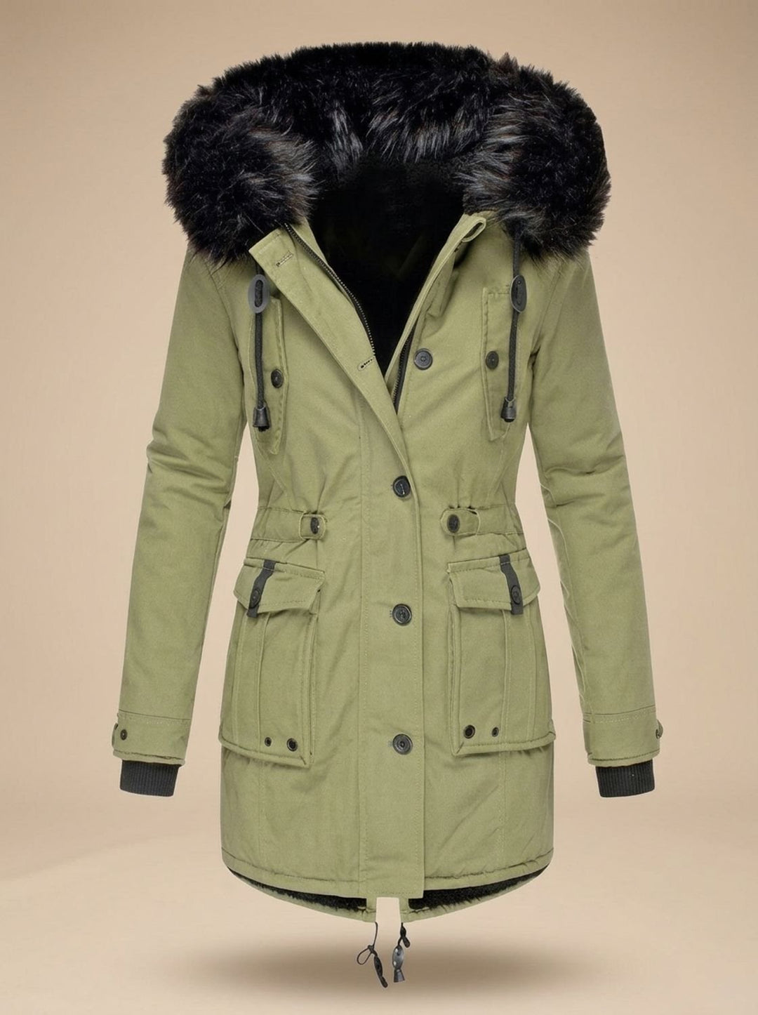 Evadne | Parka thermique isolée avec capuche en fausse fourrure et cordon de serrage réglable à la taille