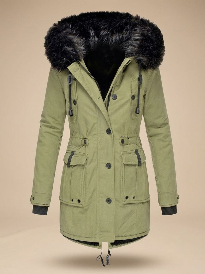 Evadne | Parka thermique isolée avec capuche en fausse fourrure et cordon de serrage réglable à la taille