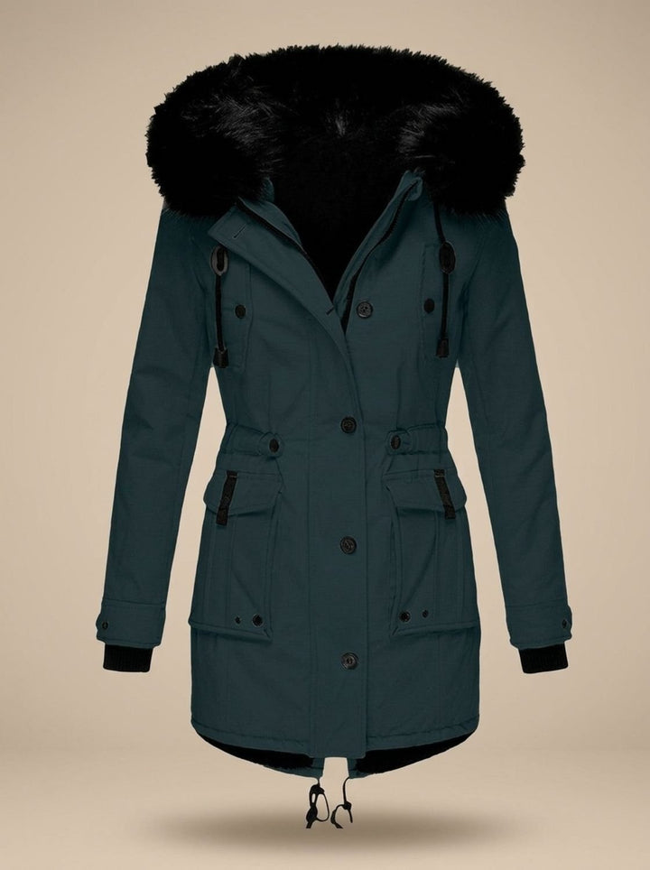 Evadne | Parka thermique isolée avec capuche en fausse fourrure et cordon de serrage réglable à la taille