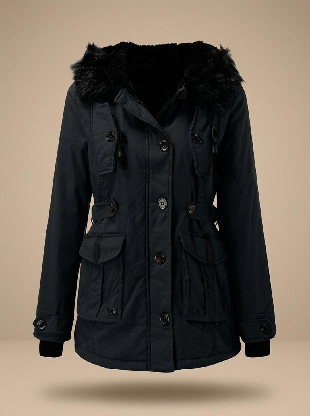 Evadne | Parka thermique isolée avec capuche en fausse fourrure et cordon de serrage réglable à la taille
