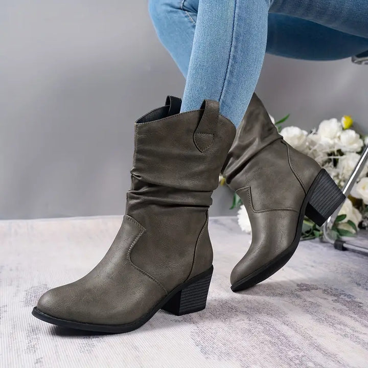 Valeria | Rugged Western Half-High Boots with Block Heel and Leather Construction