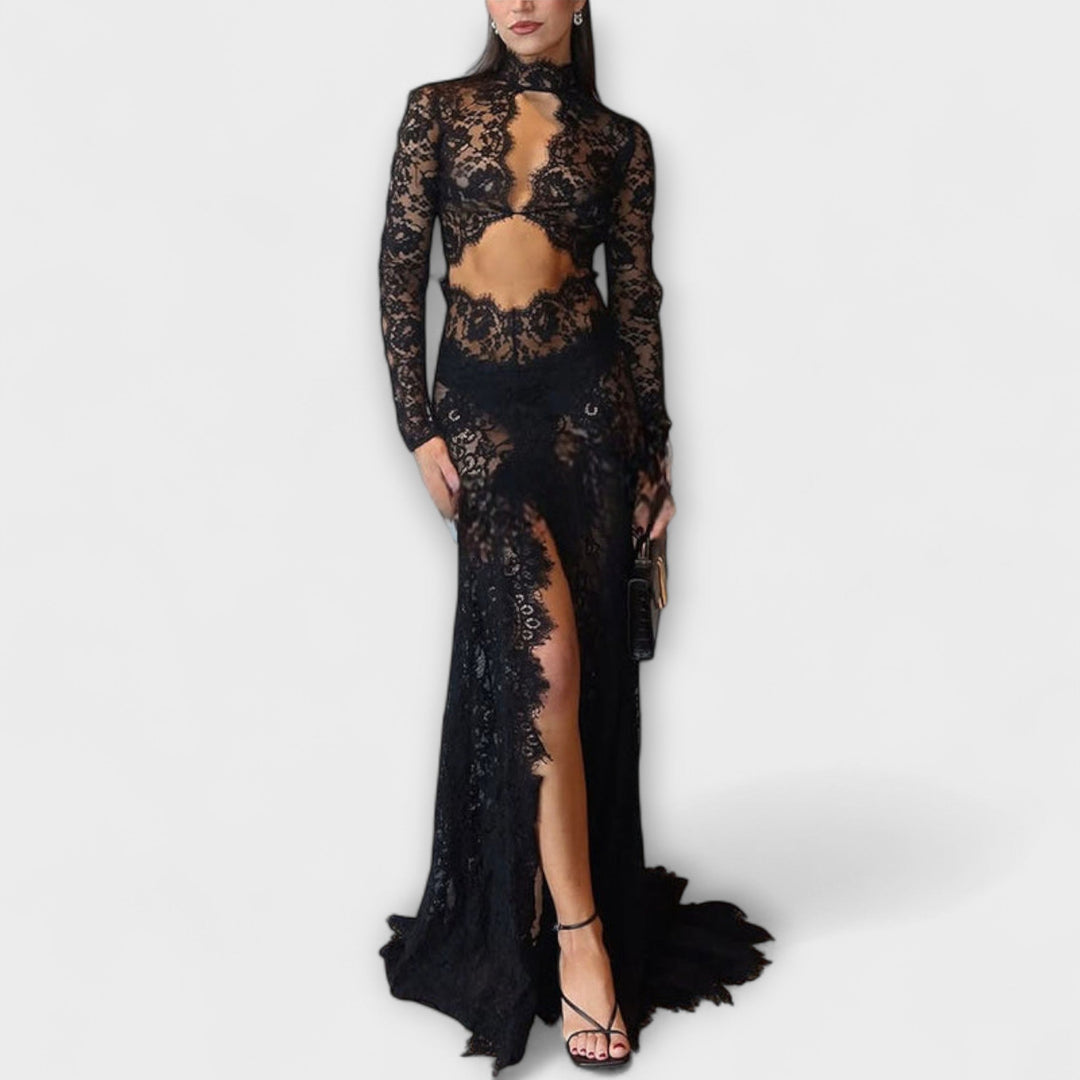 Azalea - Robe maxi élégante de minuit à manches longues transparentes avec découpes et tissu stretch
