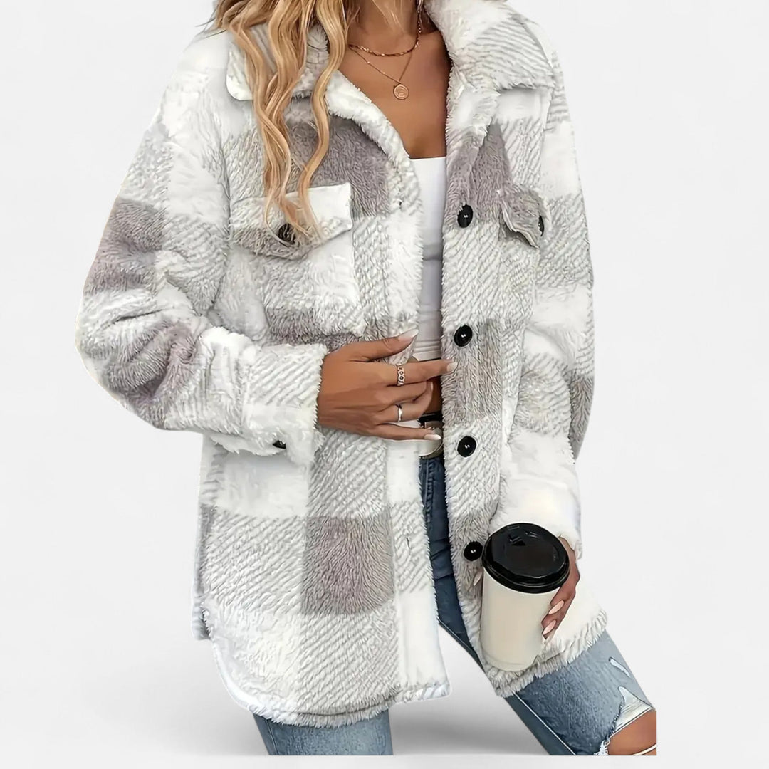 Marceline | Cozy Women's Sherpa Jacket with Checkered Pattern and Button Closure
