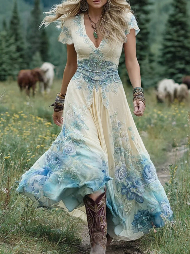 Robe courte maxi imprimée dégradé violet lavande et fleurs chic