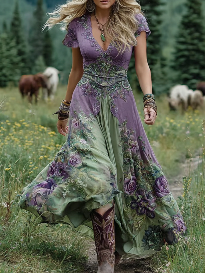 Robe courte maxi imprimée dégradé violet lavande et fleurs chic