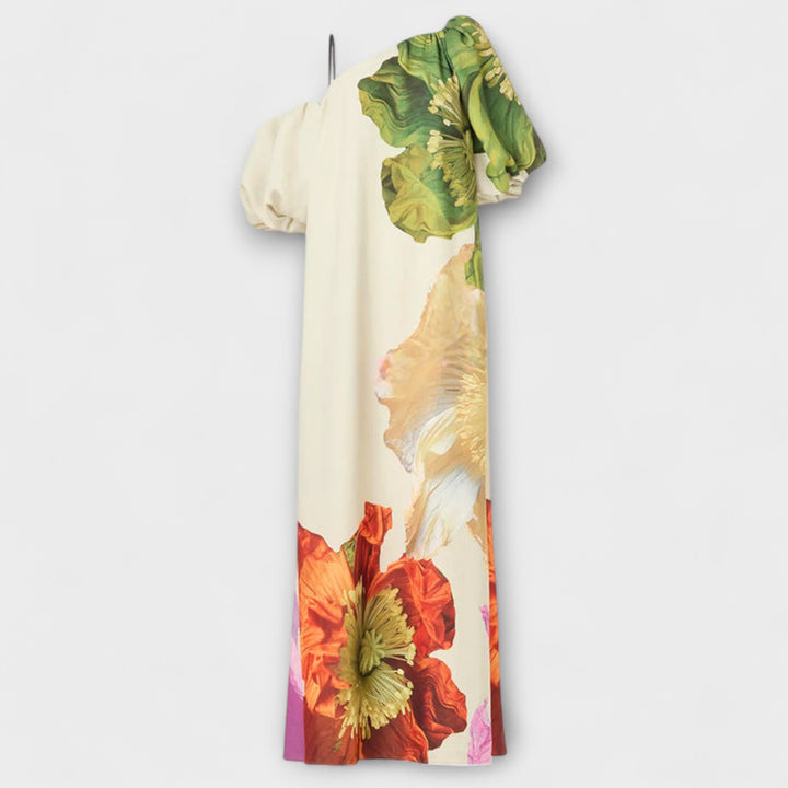 Skylar - Robe longue imprimé floral avec encolure asymétrique et manches bouffantes