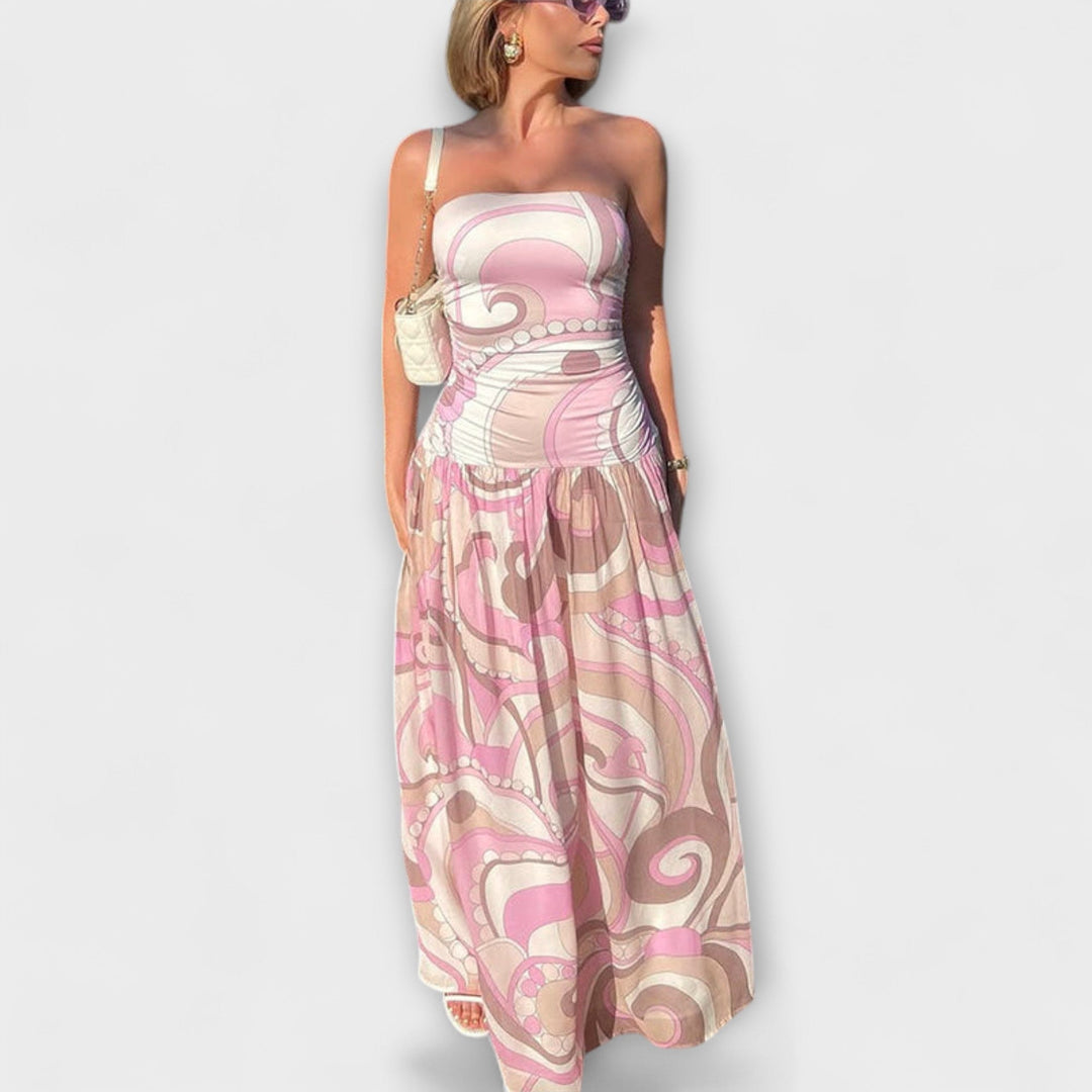 Tatum - Superbe robe maxi pastel à épaules dénudées