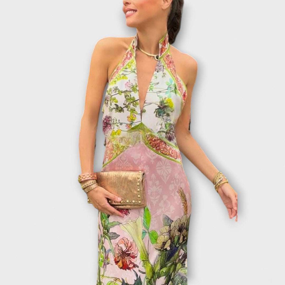 Ayla - Robe longue sans manches à motif floral avec dos ouvert