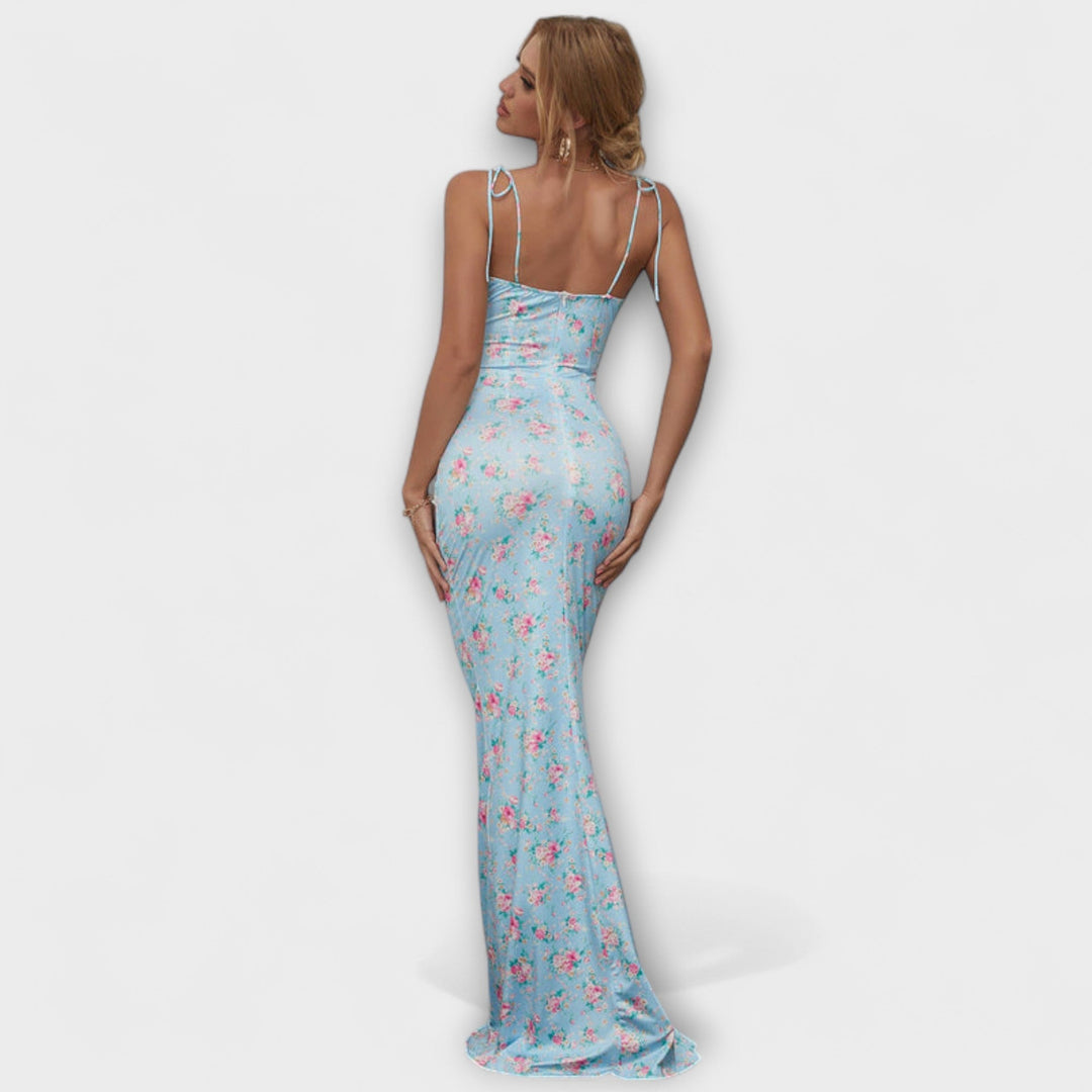 Thalia - Robe de bal imprimé floral avec bretelles nouées aux épaules