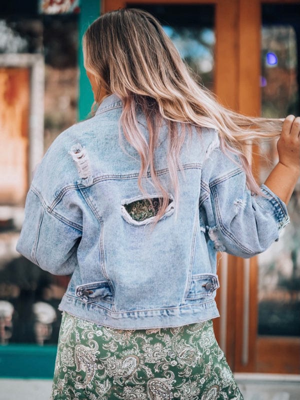 Women's Distressed Denim Jacket Relaxed Fit Outerwear