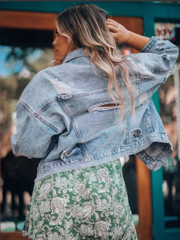 Women's Distressed Denim Jacket Relaxed Fit Outerwear