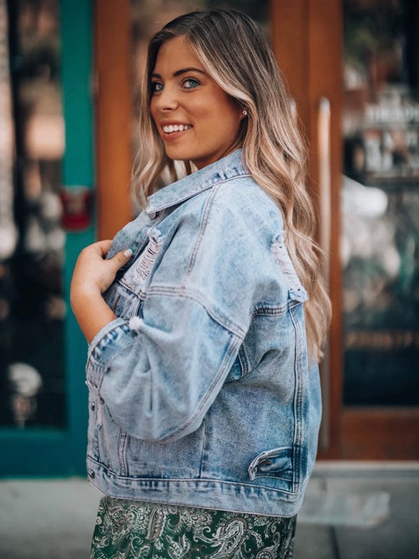 Women's Distressed Denim Jacket Relaxed Fit Outerwear