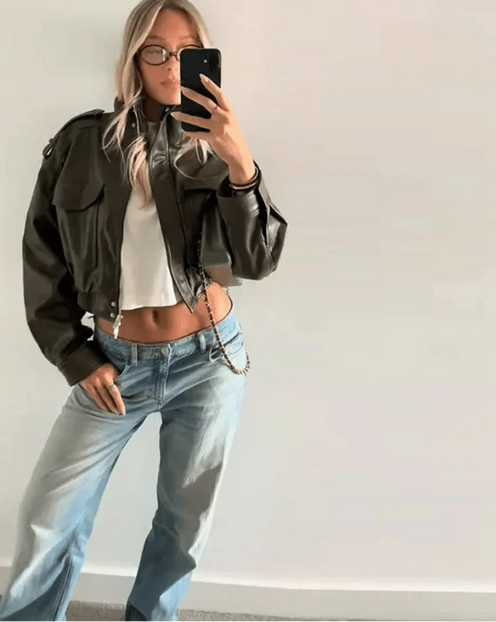Abigail | Structured Women's Cropped Bomber Jacket with Faux Leather and Ribbed Cuffs