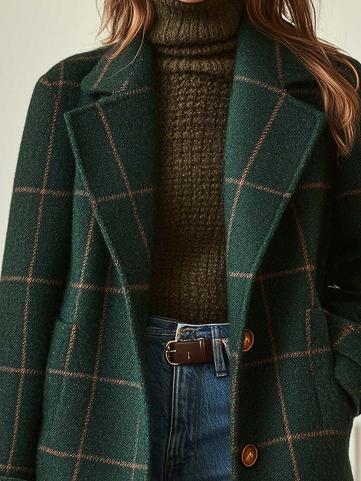 Wool Blend Check Overcoat Lapel Collar Garment